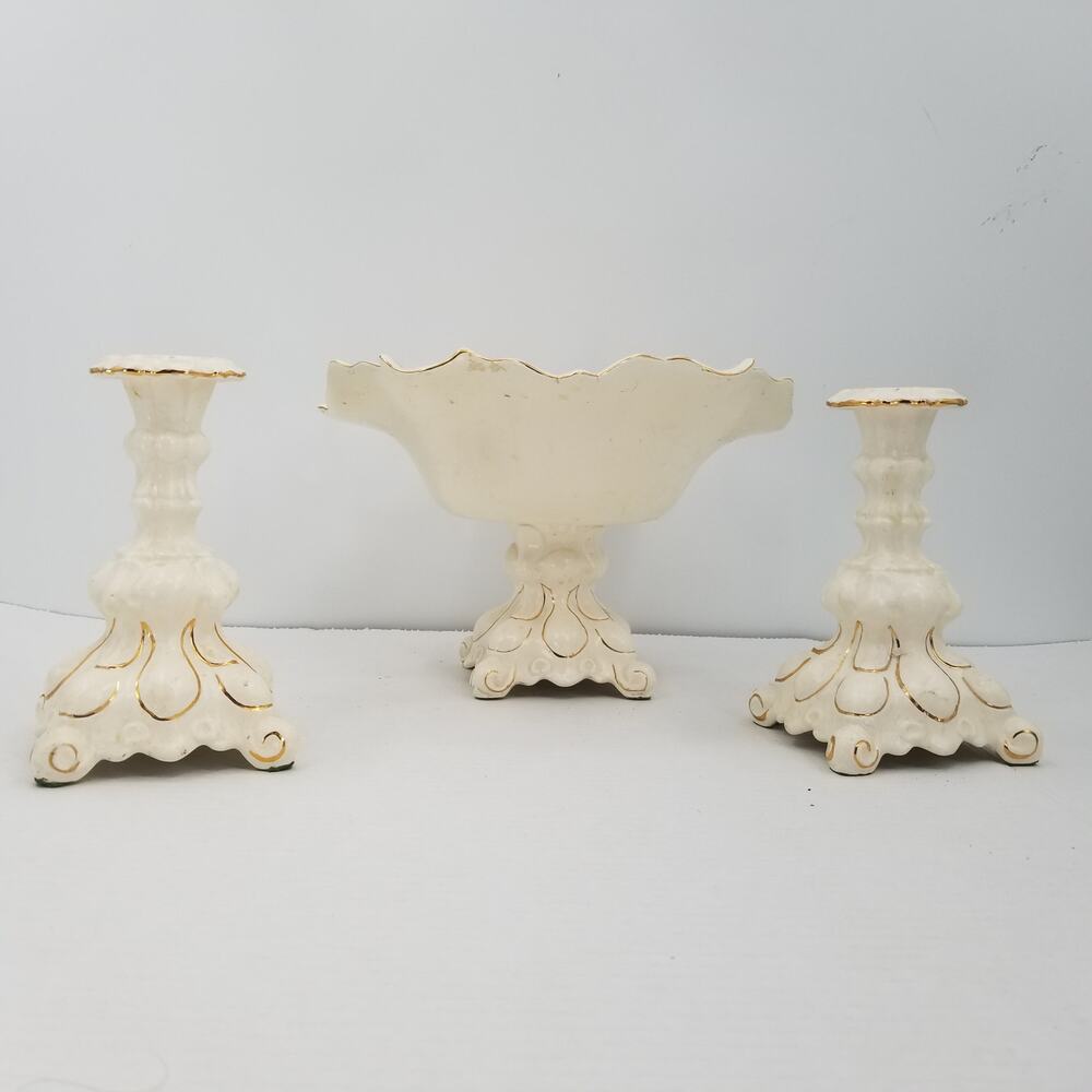 Holland Mold 1950 Fruit Compote Bowl Candlesticks 3 Pc. Centerpiece Gold Regency